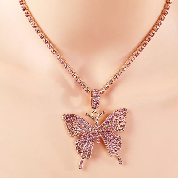 Hip Hop Rhinestone Pink Butterfly 🦋 Necklace - Picture 3 of 6